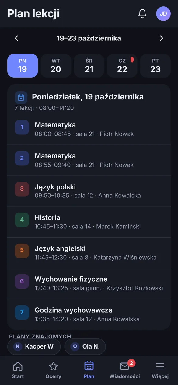 Ekran Plan lekcji na tydzień