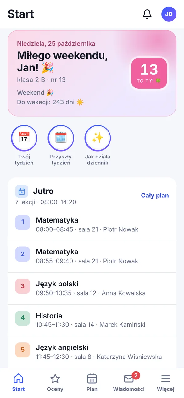 Ekran Start w jasnym motywie