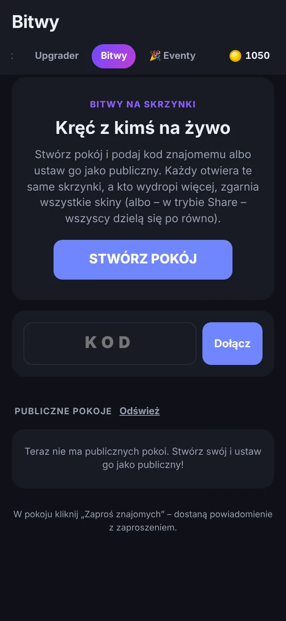 Ekran Bitwy: tworzenie pokoju i dołączanie kodem