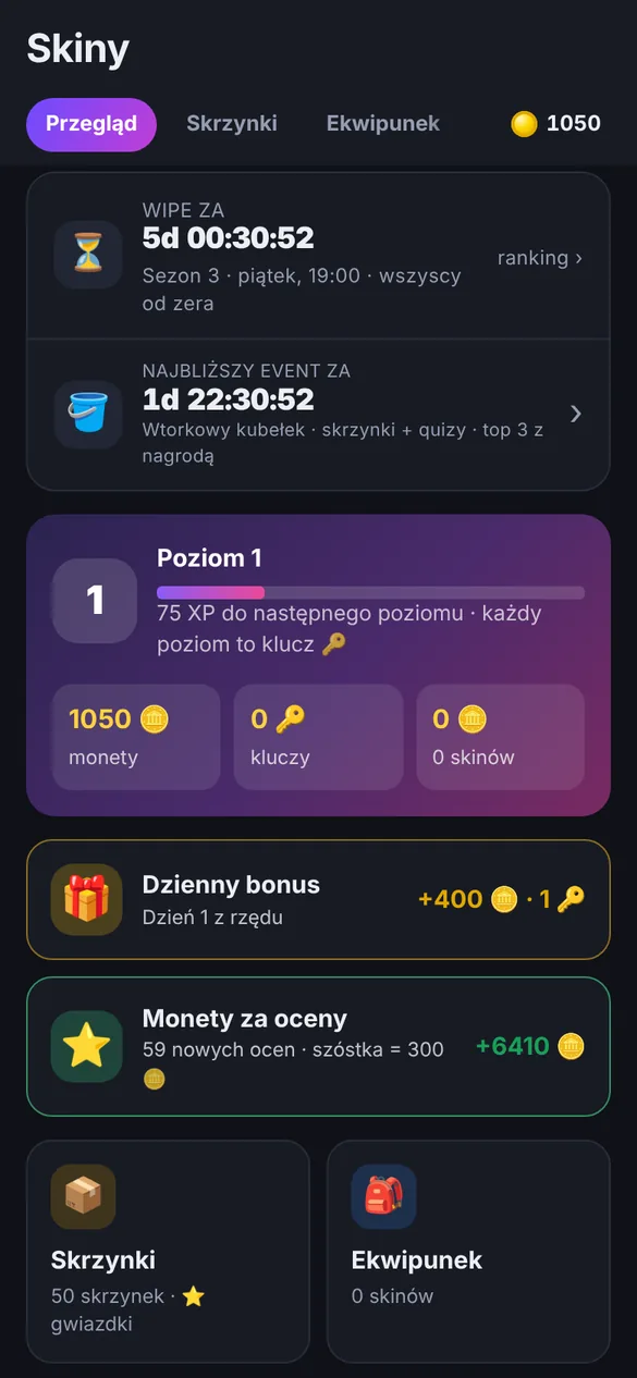 Ekran przeglądu gry: poziom, monety, dzienny bonus